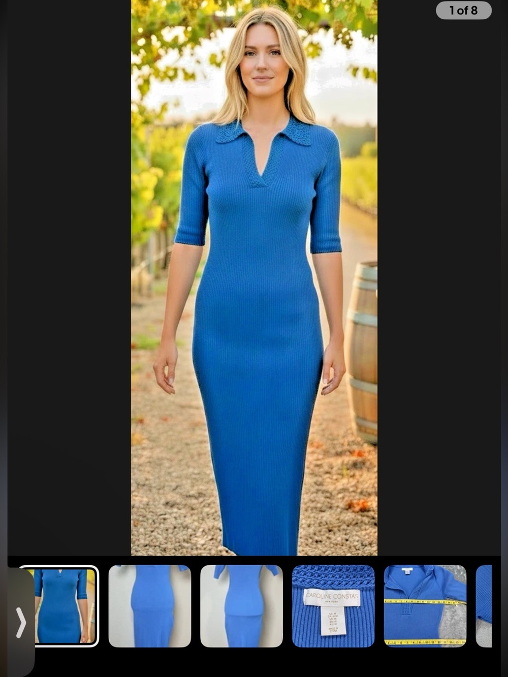 Caroline Constas blue Knit bodycon v-neck collared ribbed midi dress Size Small
